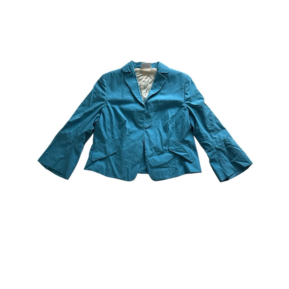 Akris Punto Blazer Jacket Size 10 US Blue Bell Sleeve Pleated Back Snap Front